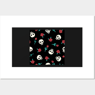 Red Roses and Skulls Halloween Pattern Posters and Art